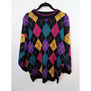 Worthington Petites Women's Vintage 90's Pink Teal Argyle Black Yellow Sweater